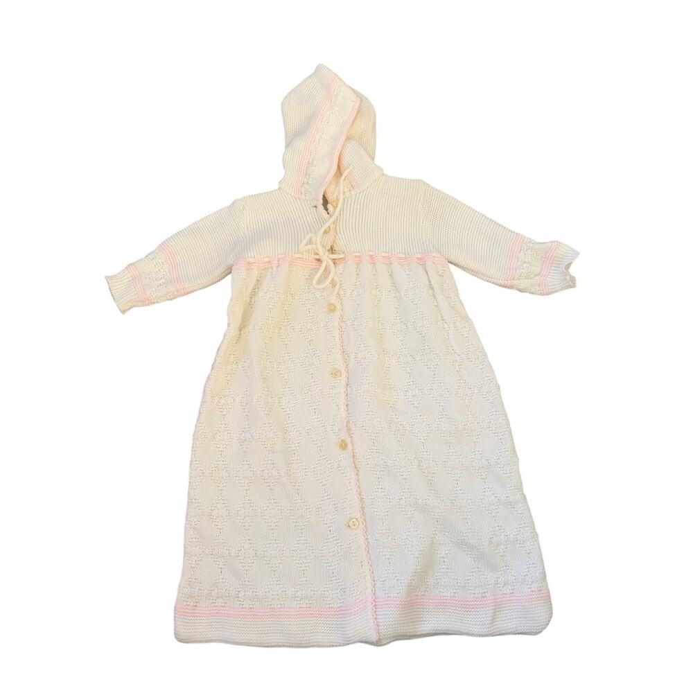 Tiny Togs Bath Robe Size 0/6 Months Ivory Knit Terry Cloth Hooded Slumber Party